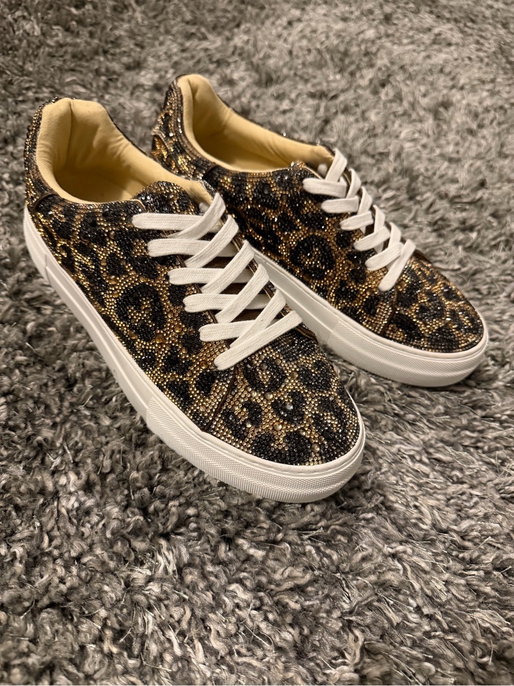 New Betsey Johnson Leopard Crystal Platform Sneakers - Gold/Black